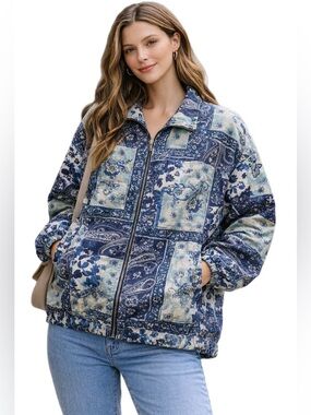 Vintage East West Silks Blue Patchwork Zip Up Jacket Size M 100% Silk Oversized